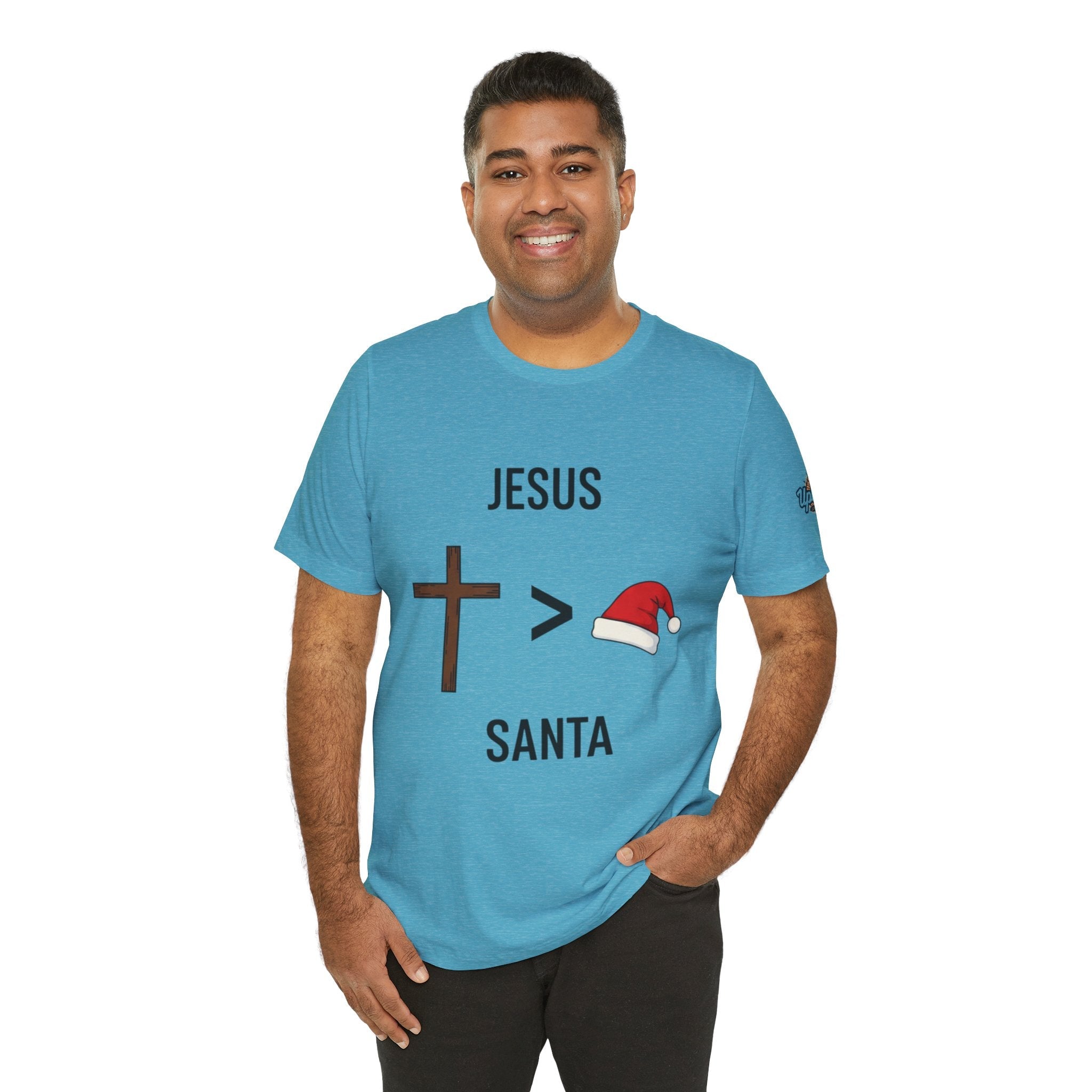 🎄 Jesus > Santa – Minimalist Christian Christmas T-Shirt | Bold Faith Over Holiday Tee | Cross vs Santa Hat Design | Uplifted Gear Printify