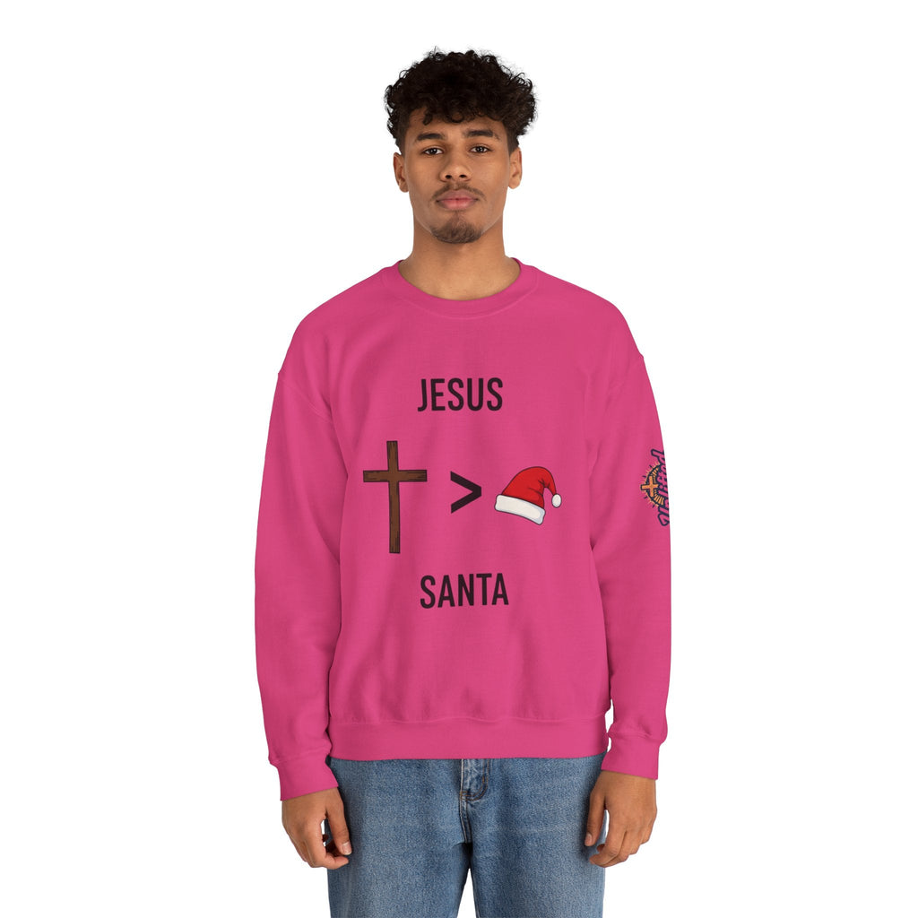 🎄 Jesus > Santa – Minimalist Christian Christmas Sweatshirt | Bold Faith Over Holiday Tee | Cross vs Santa Hat Design | Uplifted Gear Printify