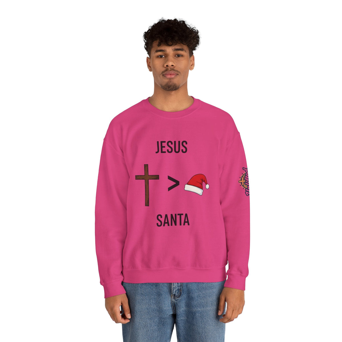 🎄 Jesus > Santa – Minimalist Christian Christmas Sweatshirt | Bold Faith Over Holiday Tee | Cross vs Santa Hat Design | Uplifted Gear Printify
