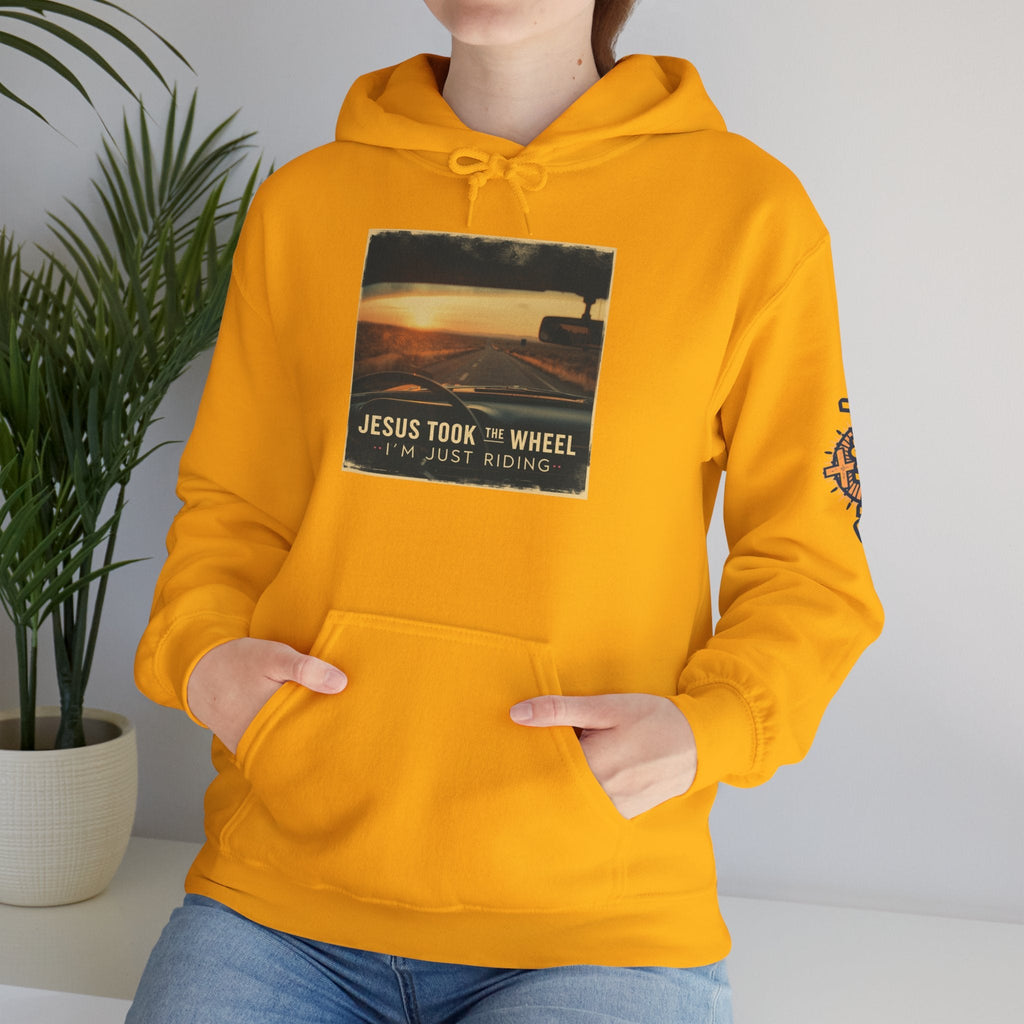 Jesus Took the Wheel I'm Just Riding Hoodie – Funny Christian Convertible Car Sweatshirt for Surrendered Faith & Humor Printify
