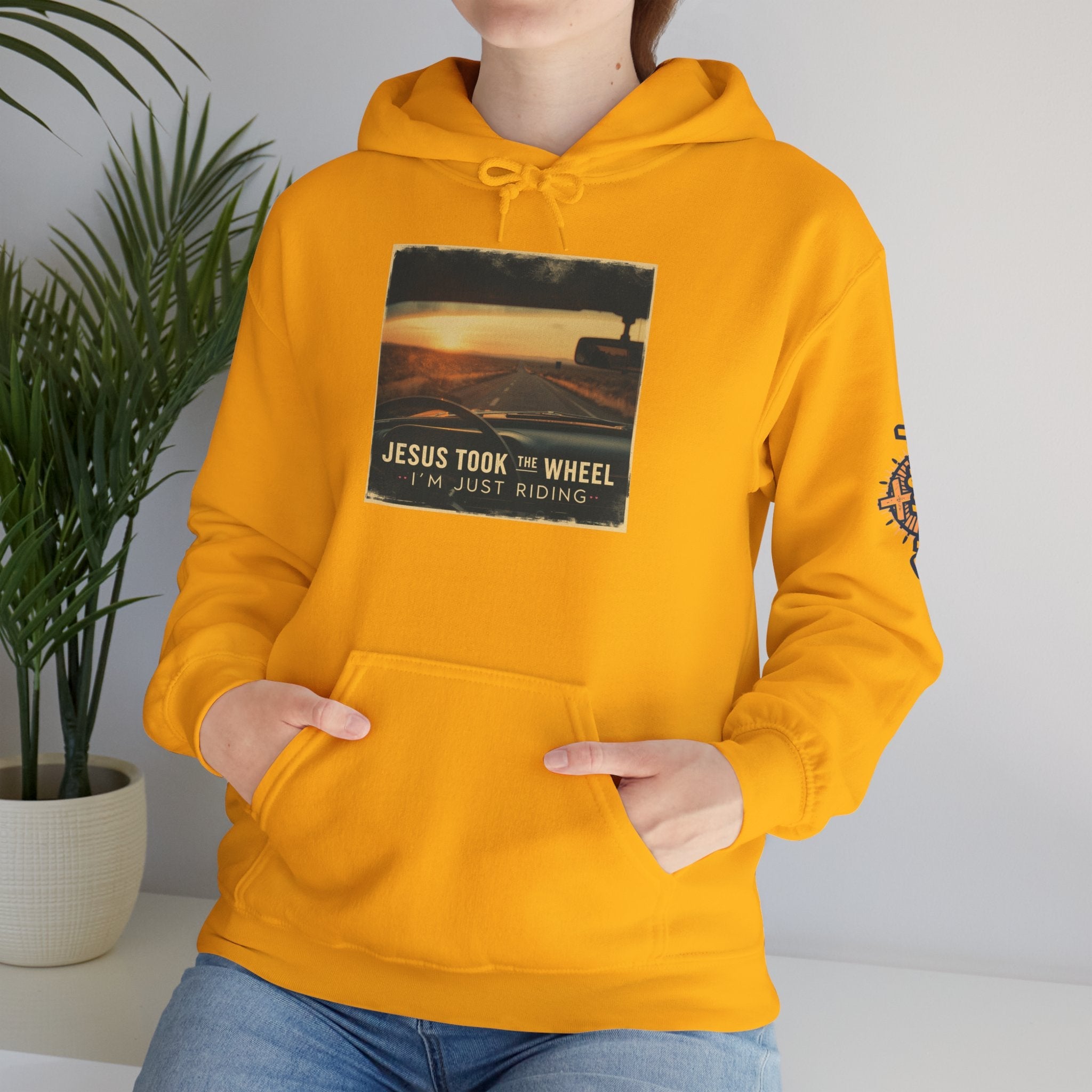Jesus Took the Wheel I'm Just Riding Hoodie – Funny Christian Convertible Car Sweatshirt for Surrendered Faith & Humor Printify