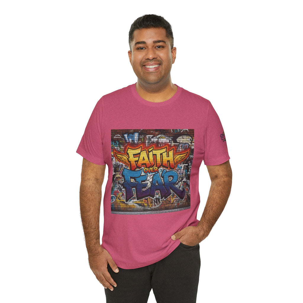 Faith Over Fear T-shirt – Graffiti Wall Christian T-shirt for Bold 2 Corinthians 5:7 Streetwear & Unshakable Faith Printify