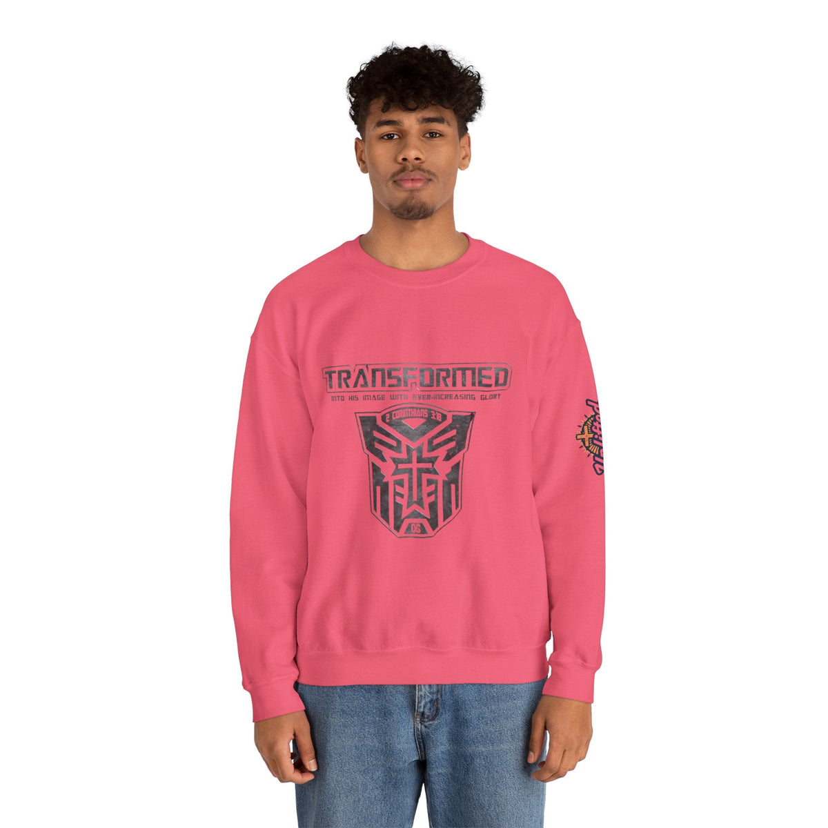Transformer Logo Christian Sweatshirt | 2 Corinthians 3:18 Bible Verse Sweatshirt Printify