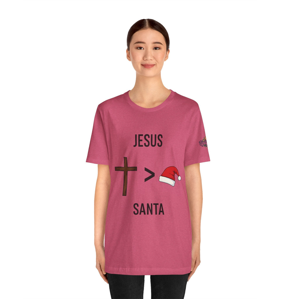 🎄 Jesus > Santa – Minimalist Christian Christmas T-Shirt | Bold Faith Over Holiday Tee | Cross vs Santa Hat Design | Uplifted Gear Printify