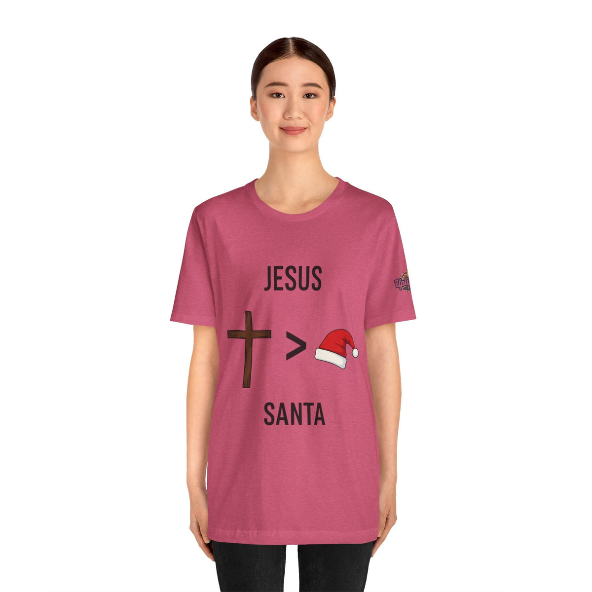 🎄 Jesus > Santa – Minimalist Christian Christmas T-Shirt | Bold Faith Over Holiday Tee | Cross vs Santa Hat Design | Uplifted Gear Printify