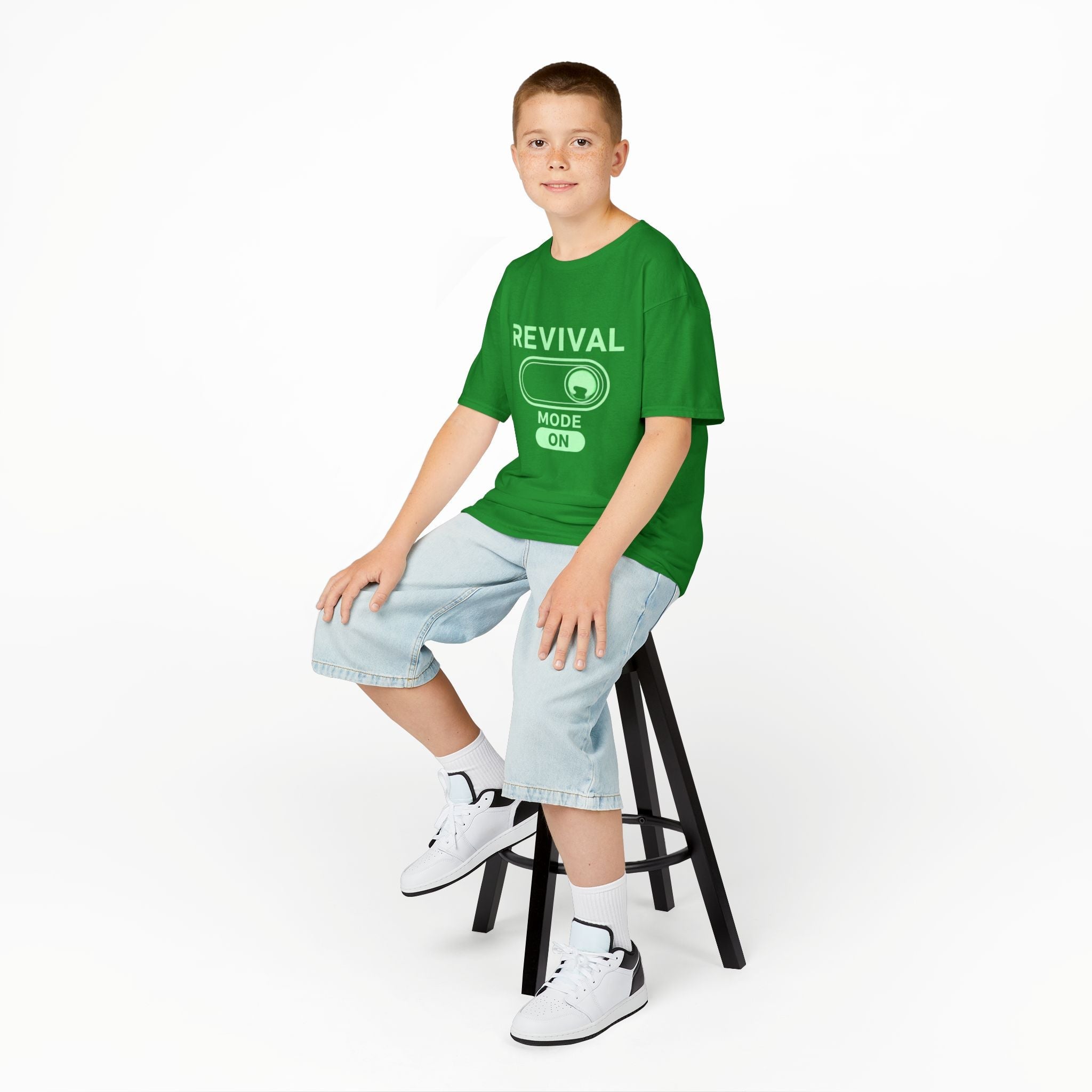 🔥 Revival Mode: ON – Christian Techwear Kids T-Shirt | Glowing Green Faith Switch | Futuristic Jesus Shirt | Activate Your Spiritual Awakening | Uplifted Gear Printify