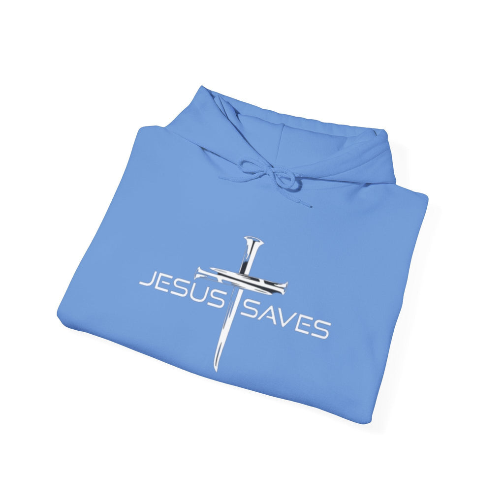 Jesus Saves Hoodie – 3 Nails Crucifix Cross Christian Sweatshirt for Redemption Faith & Bold Salvation Printify