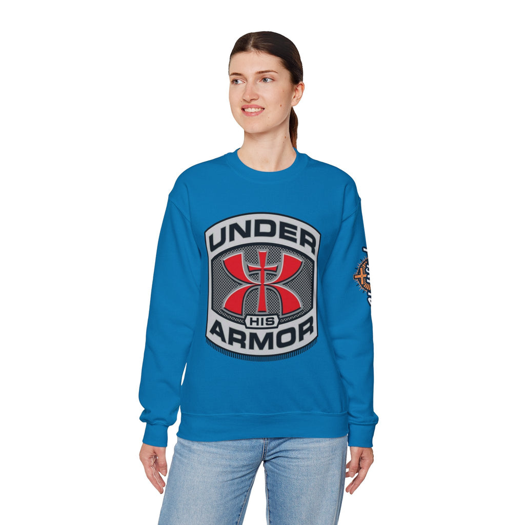 Under His Armor Crewneck Sweatshirt — Christian Faith Graphic Pullover Printify
