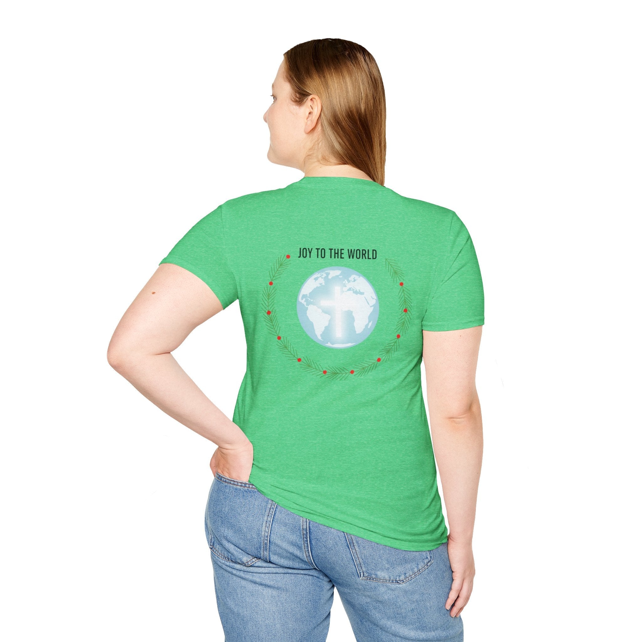 Joy to the World T-shirt – Wreath Earth Nativity Christian Christmas T-shirt for Isaiah 9:6 Holiday Faith & Festive Joy Printify