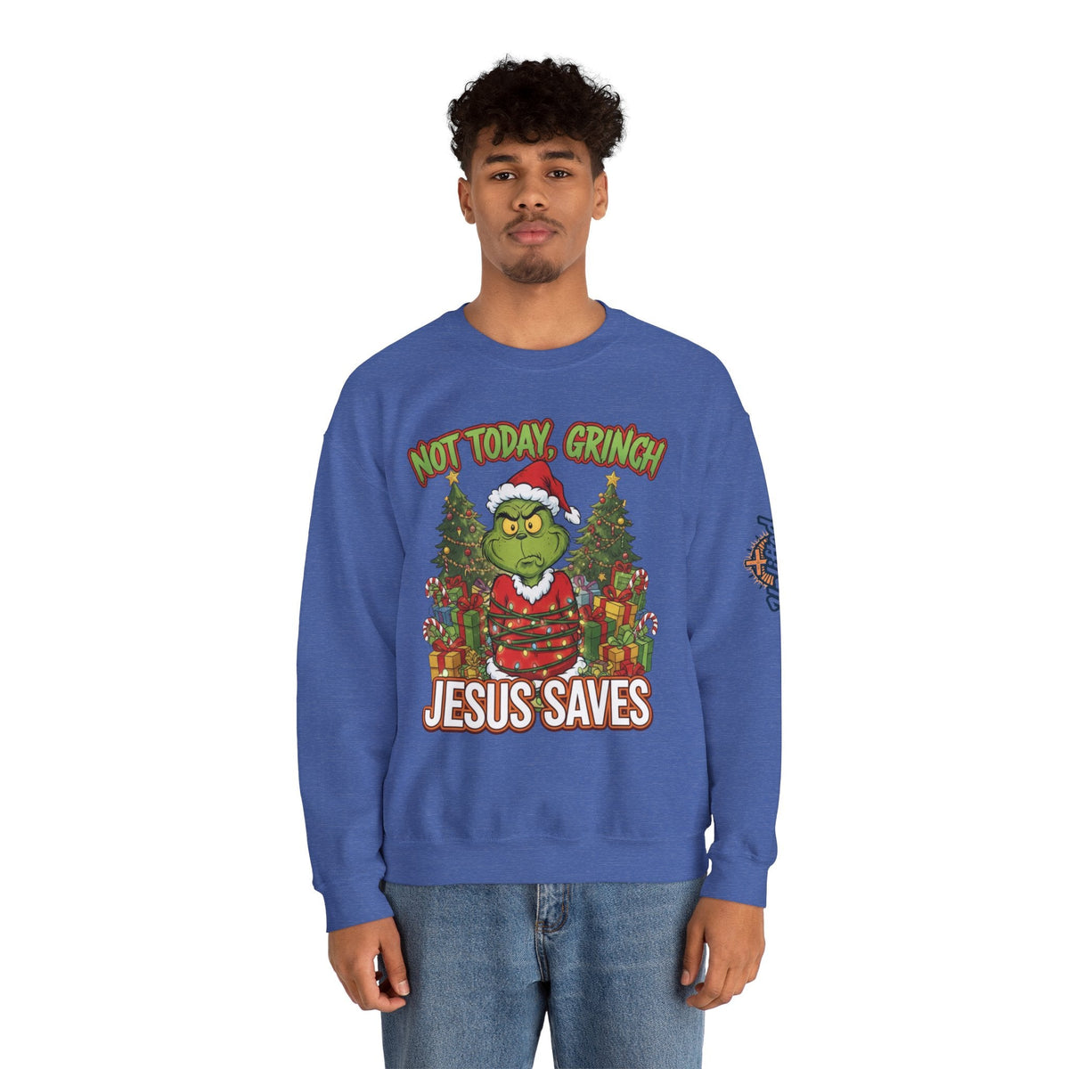 🎄 Not Today, Grinch – Jesus Saves | Funny Christian Christmas Sweatshirt | Sulking Grinch & Glowing Cross | Bold Neon Faith Tee by Uplifted Gear Printify