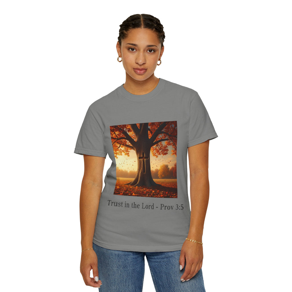 Trust in the Lord T-Shirt – Autumn Tree Christian Tee with Proverbs 3:5 Printify