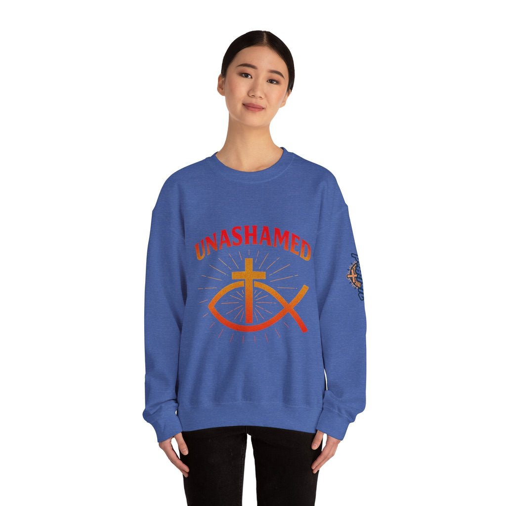 Unashamed Sweatshirt – Ichthys Jesus Fish & Cross Christian Sweatshirt for Romans 1:16 Bold Faith Printify