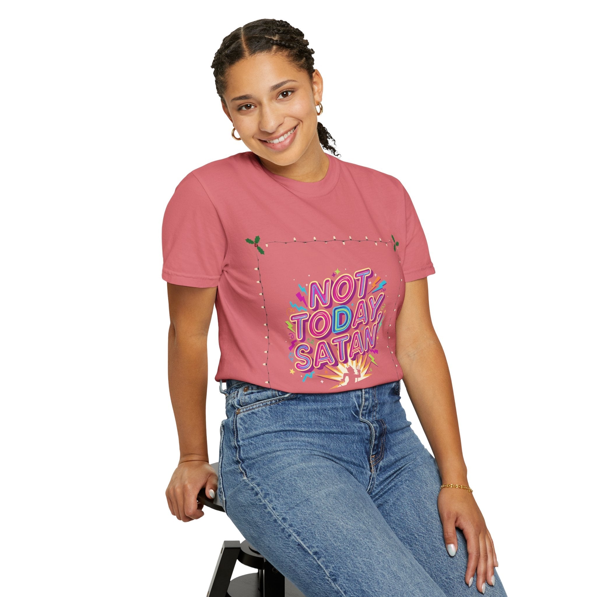 🔥 Not Today, Satan – Retro 90s Christian T-Shirt | Neon Faith Tee | Funky Cartoon Devil | Bold Bible Verse Shirt | Uplifted Gear Printify