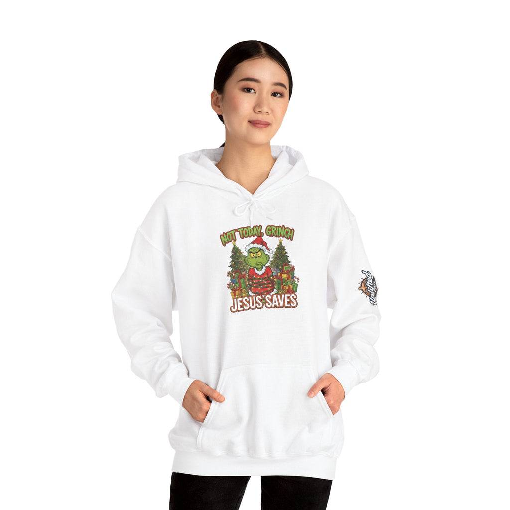 🎄 Not Today, Grinch – Jesus Saves | Funny Christian Christmas Hoodie | Sulking Grinch & Glowing Cross | Bold Neon Faith Tee by Uplifted Gear Printify