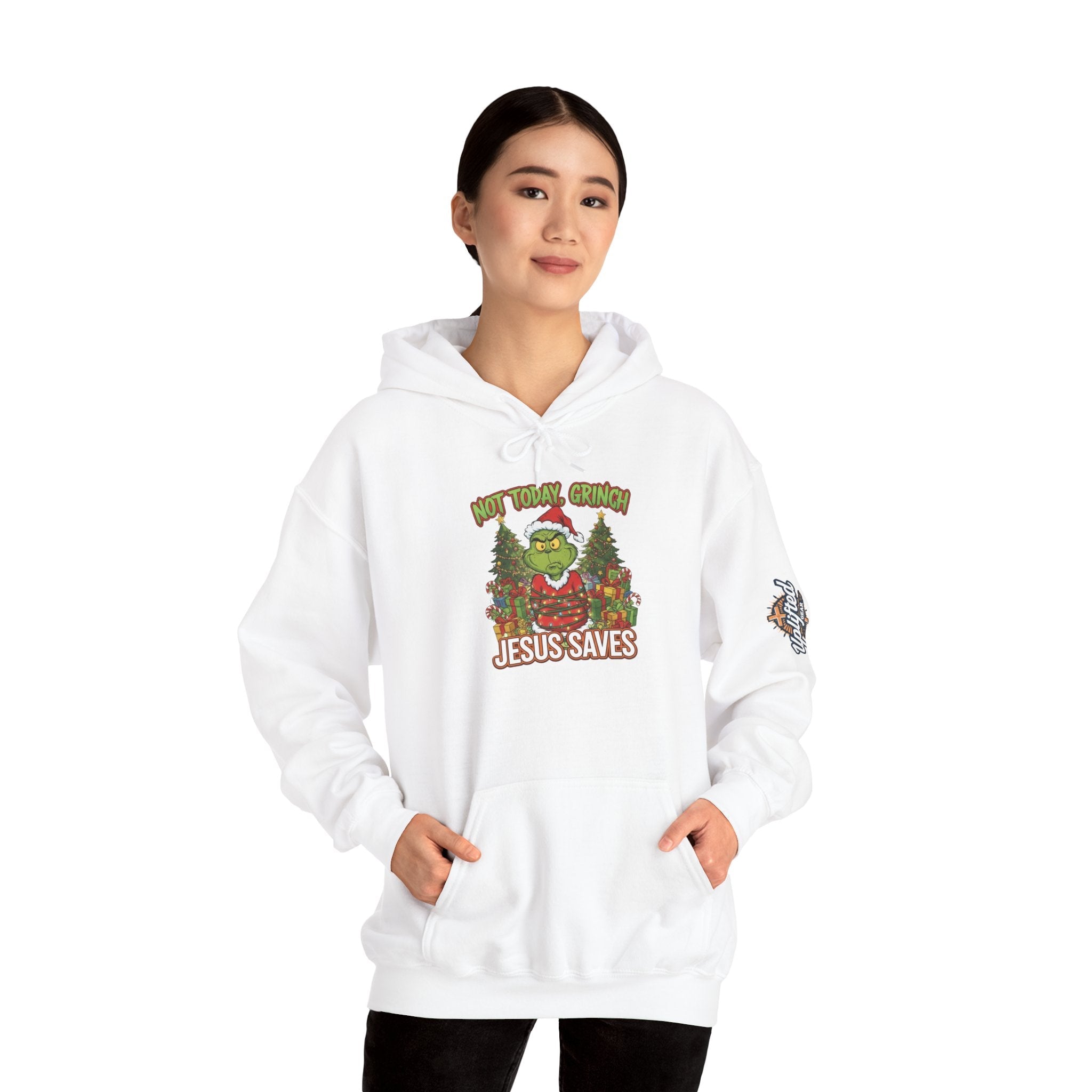🎄 Not Today, Grinch – Jesus Saves | Funny Christian Christmas Hoodie | Sulking Grinch & Glowing Cross | Bold Neon Faith Tee by Uplifted Gear Printify