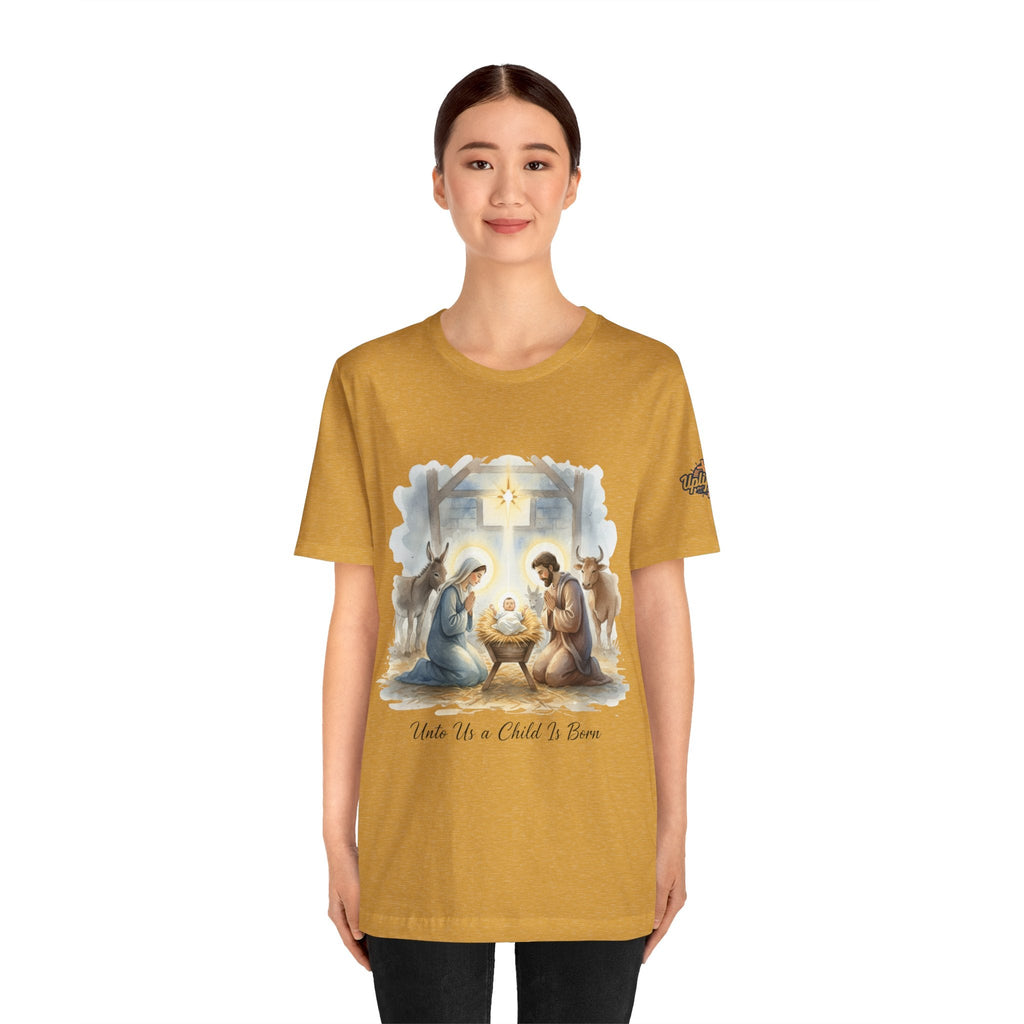 Unto Us a Child is Born T-shirt – Isaiah 9:6 Nativity Manger Scene Christian Christmas T-shirt for Holy Night Faith Printify