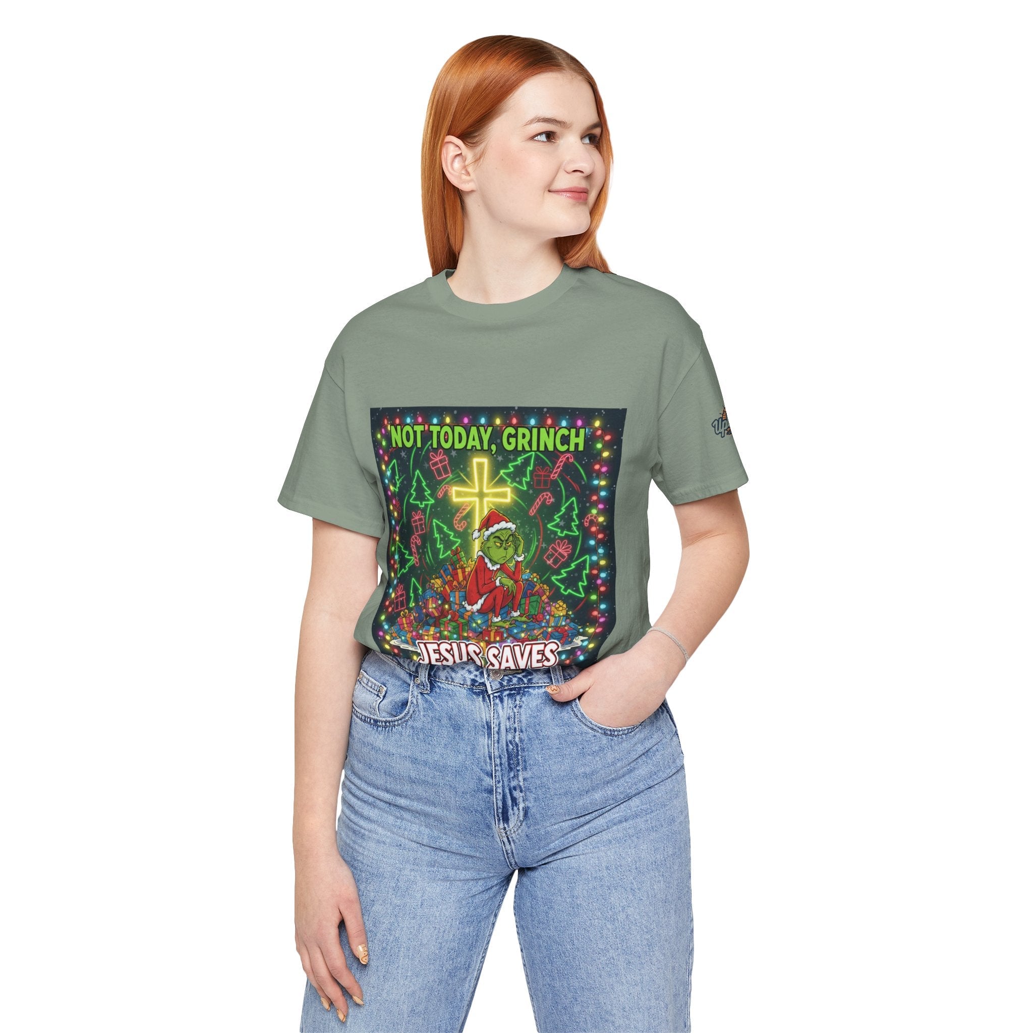 🎄 Not Today, Grinch – Jesus Saves | Funny Christian Christmas T-Shirt | Festive Green & Red Cartoon Style | Bold Faith Holiday Tee by Uplifted Gear Printify