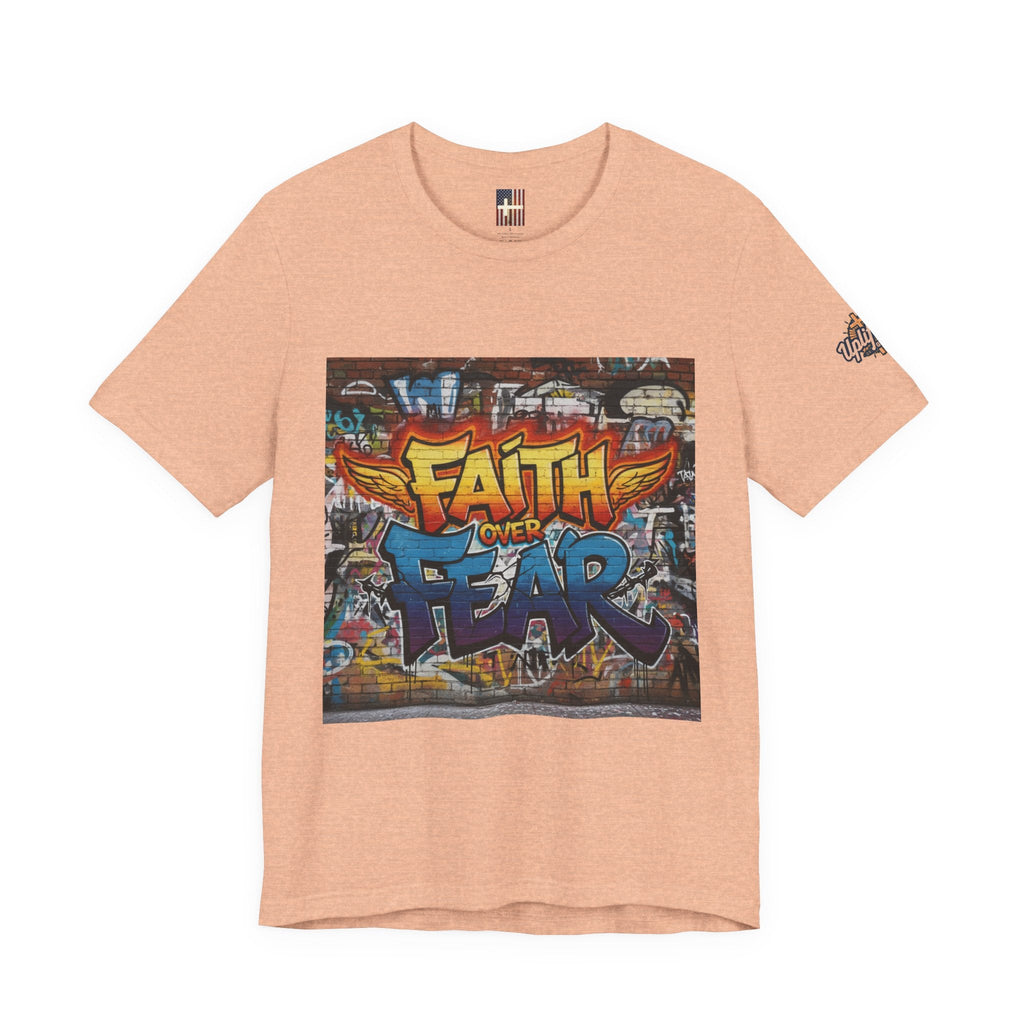 Faith Over Fear T-shirt – Graffiti Wall Christian T-shirt for Bold 2 Corinthians 5:7 Streetwear & Unshakable Faith Printify