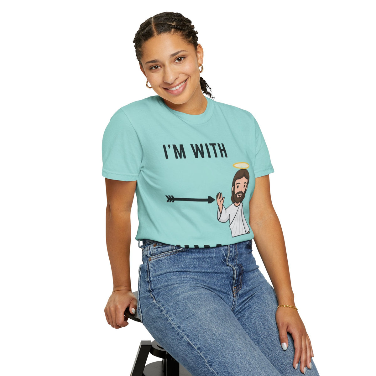 🔥 I’m With Him → Christian T-Shirt | Arrow Pointing to Jesus | Minimalist Faith Tee | Subtle Cross Design | Bible-Inspired Apparel by Uplifted Gear Printify