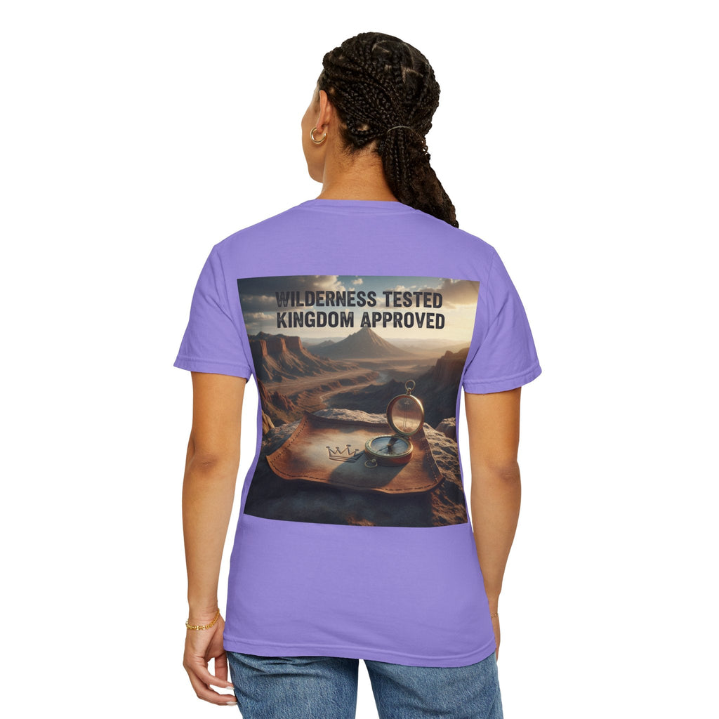 Wilderness Tested Kingdom Approved T-shirt – Mountain Desert Compass Crown Christian T-shirt for Biblical Adventure Faith Printify