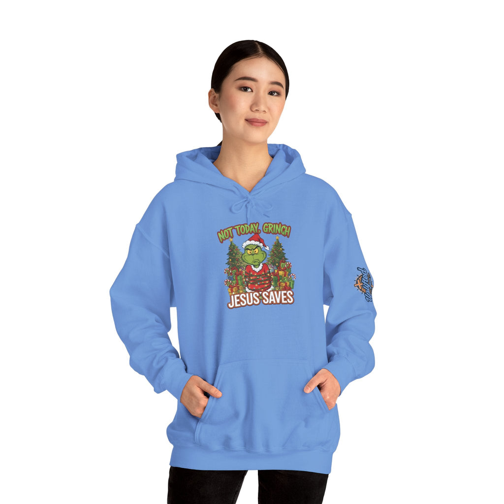 🎄 Not Today, Grinch – Jesus Saves | Funny Christian Christmas Hoodie | Sulking Grinch & Glowing Cross | Bold Neon Faith Tee by Uplifted Gear Printify