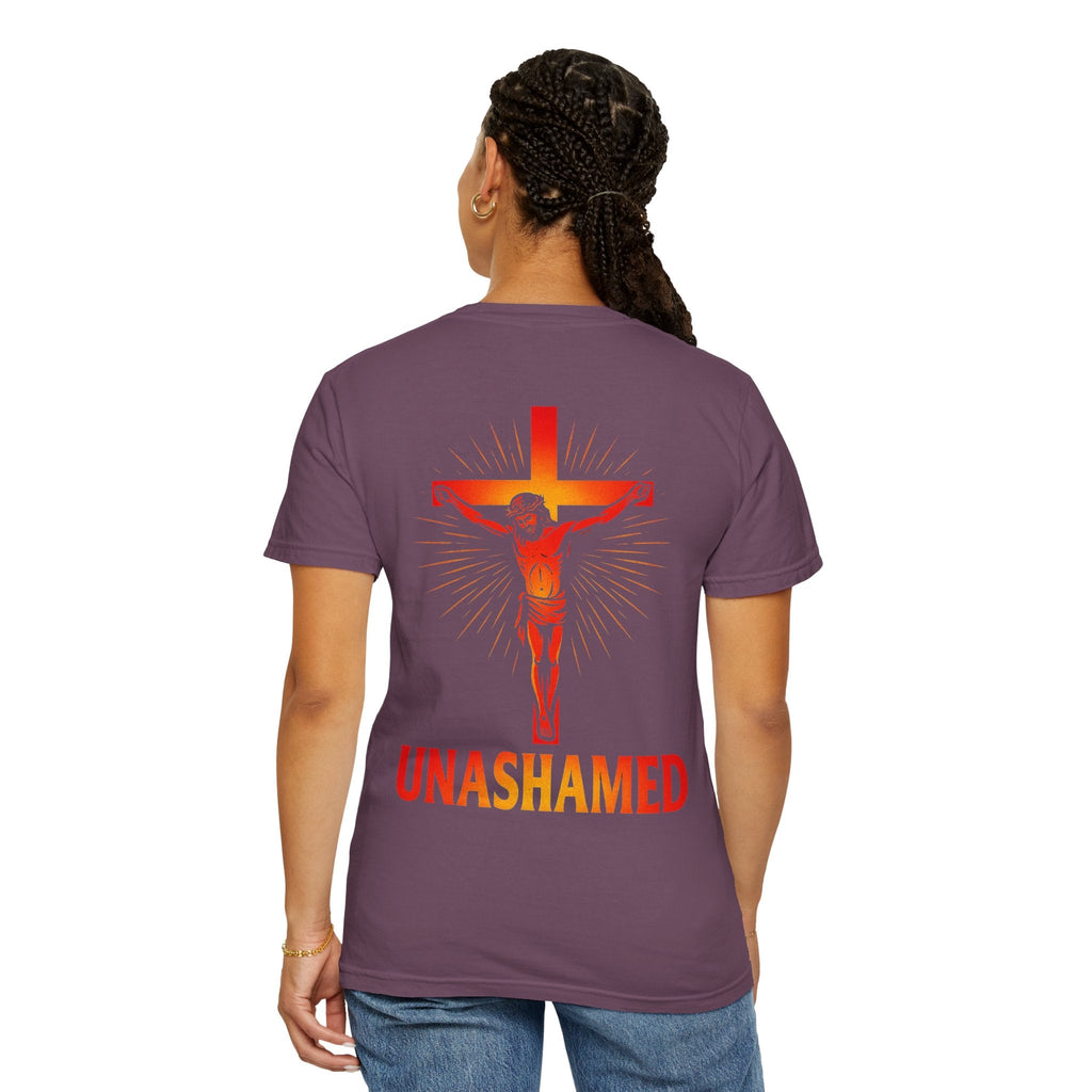 Unashamed T-shirt – Romans 1:16 Crucifixion Christian t-shirt for Bold Unwavering Faith Red Printify