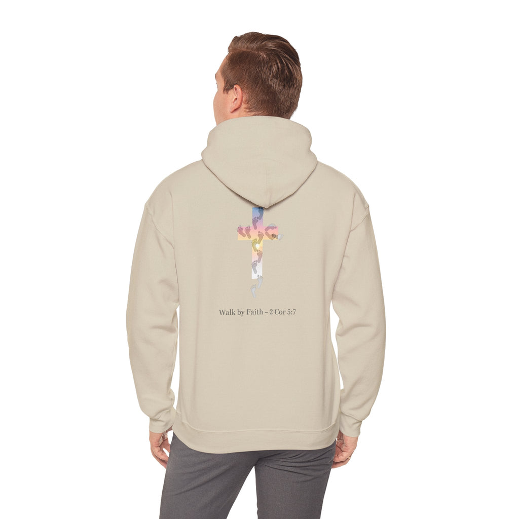 Walk by Faith Hoodie – Cross & Footprints Christian Hoodie for Cozy Inspiration Printify