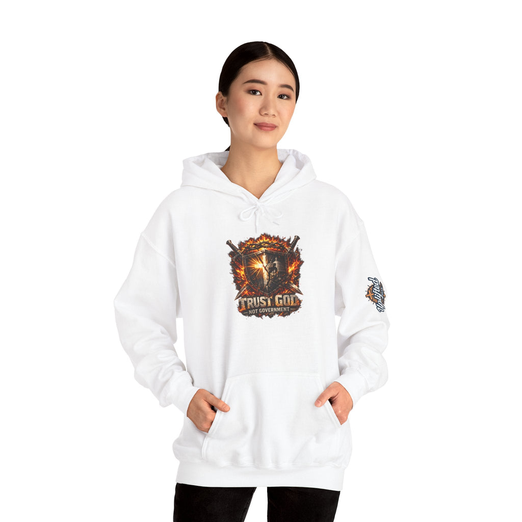 Trust God Not Government Shield Hoodie — Patriotic Christian Faith Hoodie Printify