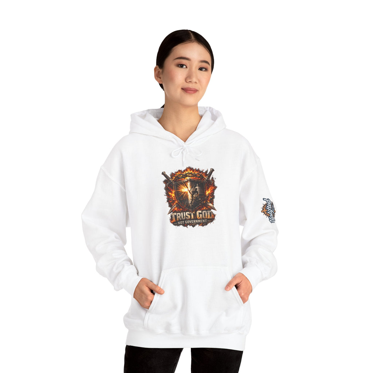 Trust God Not Government Shield Hoodie — Patriotic Christian Faith Hoodie Printify
