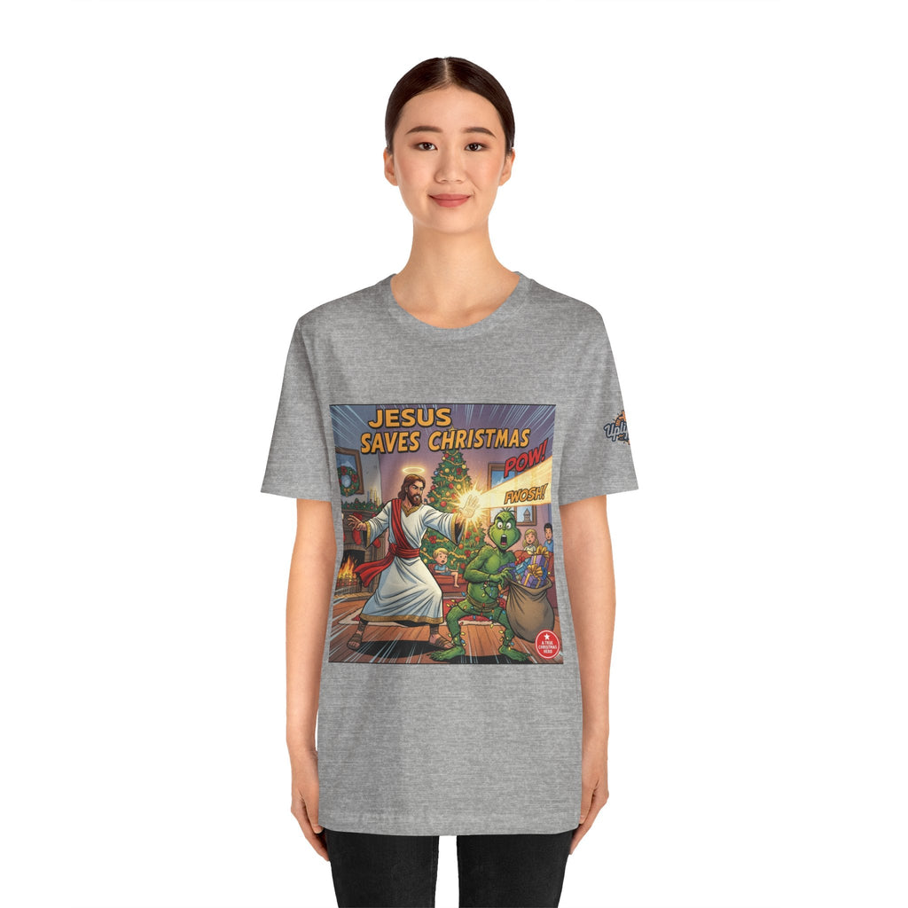 Jesus Saves Christmas T-shirt – Grinch vs Savior Light Battle Christian T-shirt for Hilarious Holiday Faith & True Joy Printify