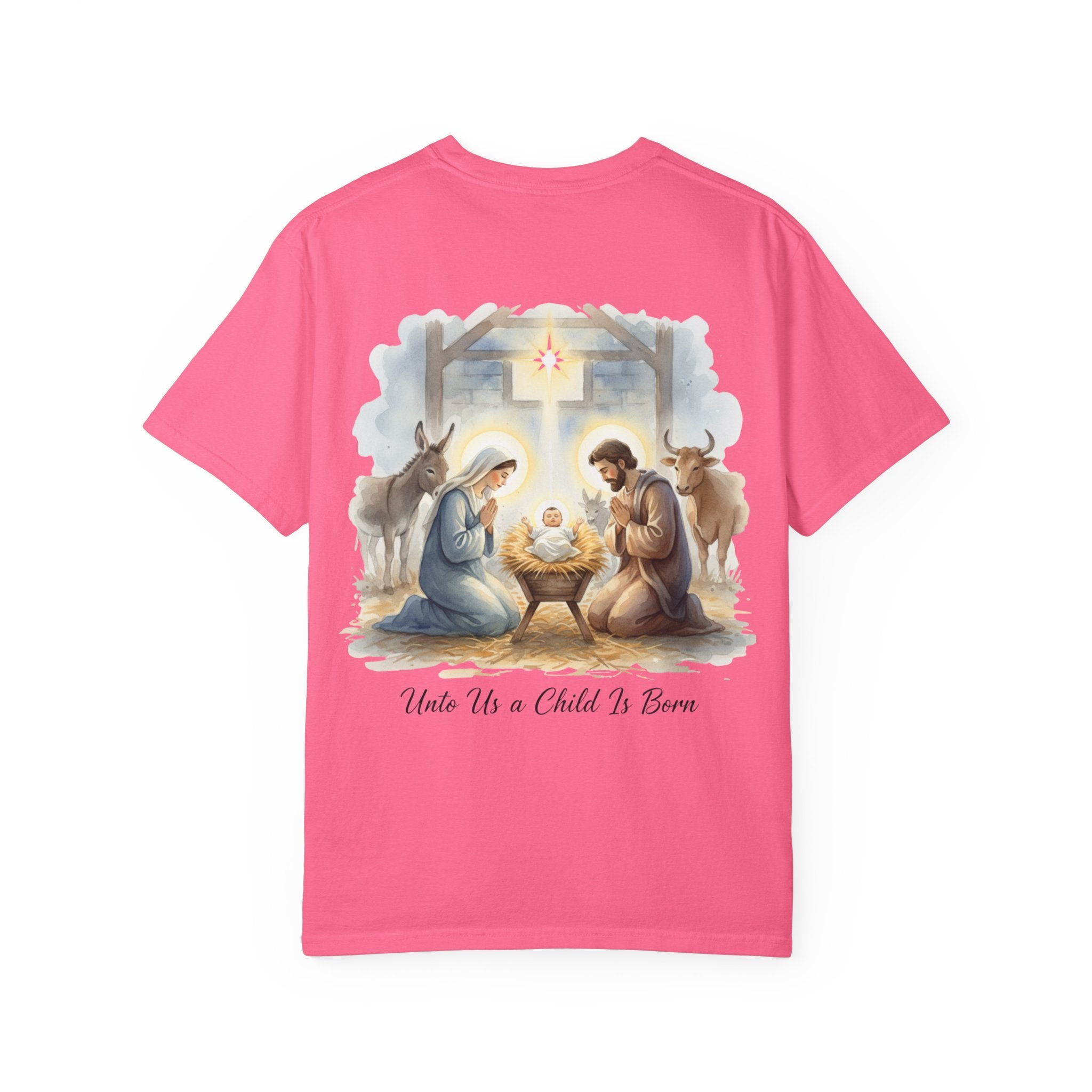 Unto Us a Child is Born T-shirt – Isaiah 9:6 Nativity Manger Scene Christian Christmas T-shirt for Holy Night Faith Printify