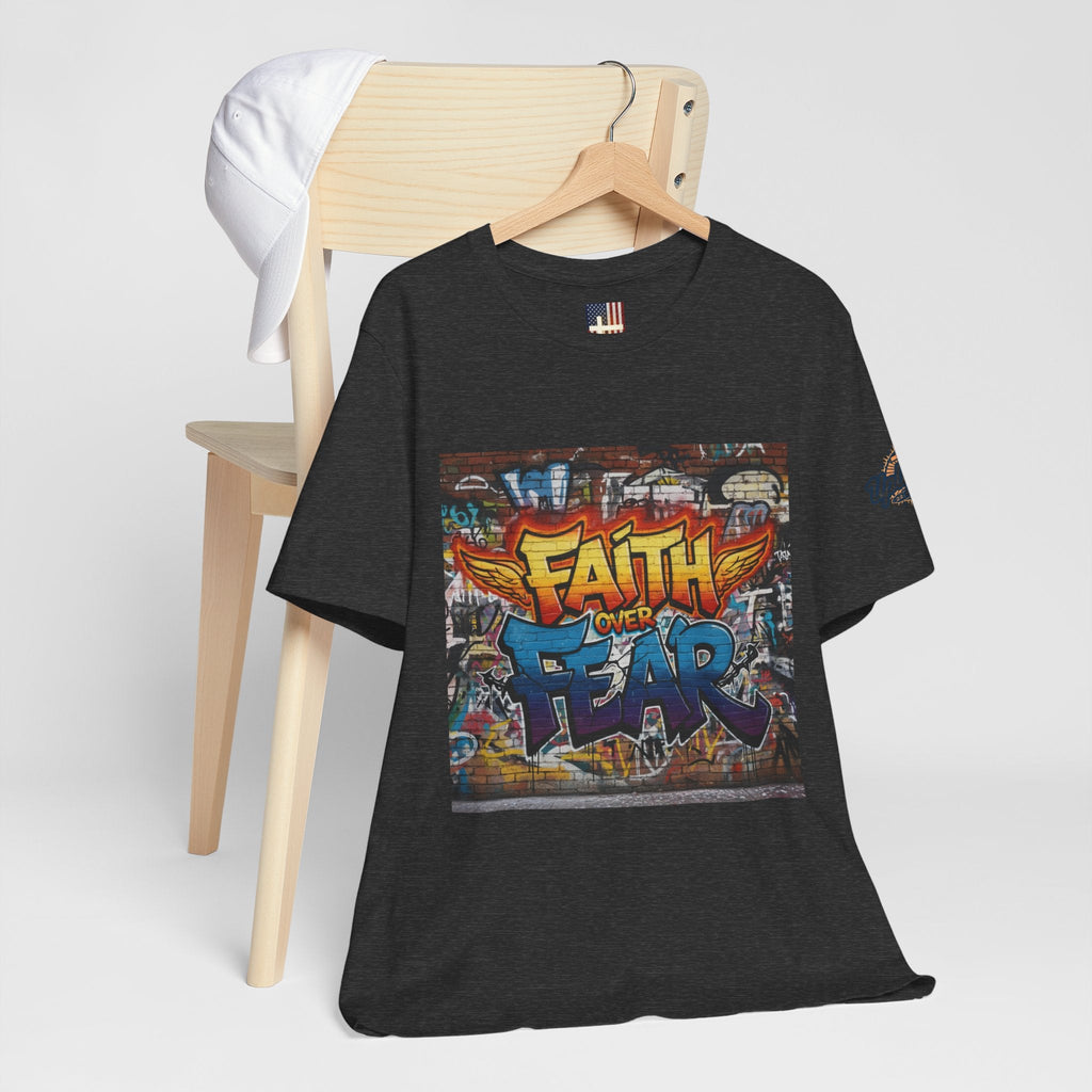 Faith Over Fear T-shirt – Graffiti Wall Christian T-shirt for Bold 2 Corinthians 5:7 Streetwear & Unshakable Faith Printify