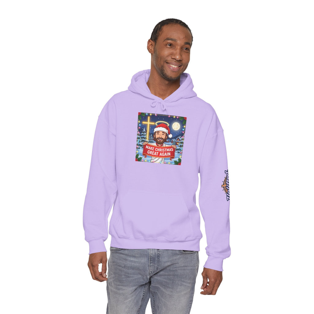 🎄 Make Christmas Great Again – Funny Christian Hoodie | Jesus Holding Banner | Faith-Based Holiday Parody Tee | Uplifted Gear Printify