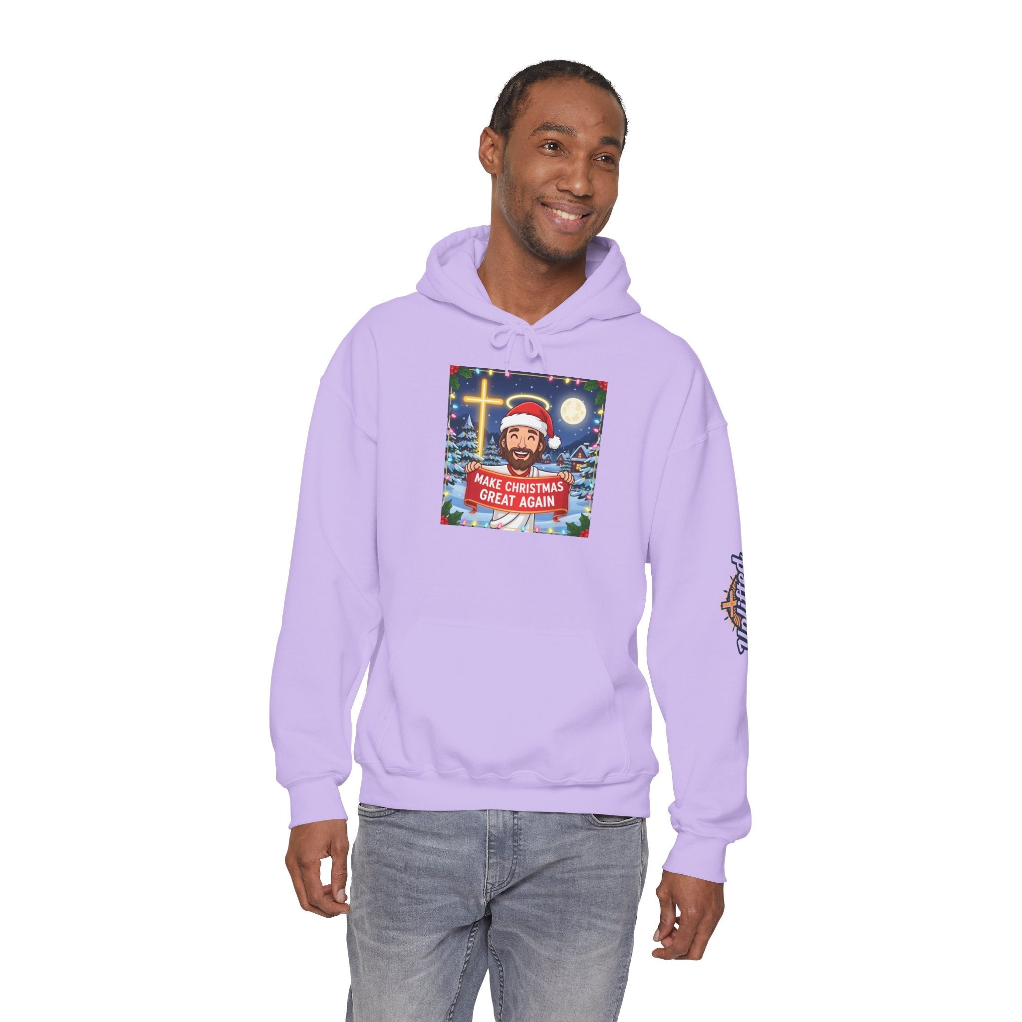 🎄 Make Christmas Great Again – Funny Christian Hoodie | Jesus Holding Banner | Faith-Based Holiday Parody Tee | Uplifted Gear Printify