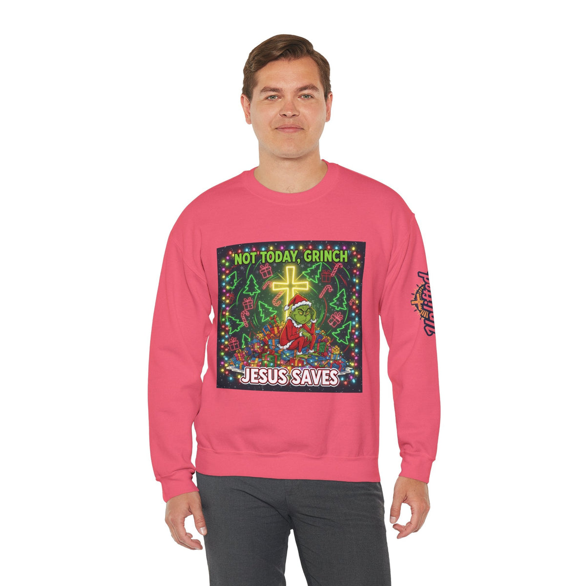 🎄 Not Today, Grinch – Jesus Saves | Funny Christian Christmas Sweatshirt | Festive Green & Red Cartoon Style | Bold Faith Holiday Tee by Uplifted Gear Printify