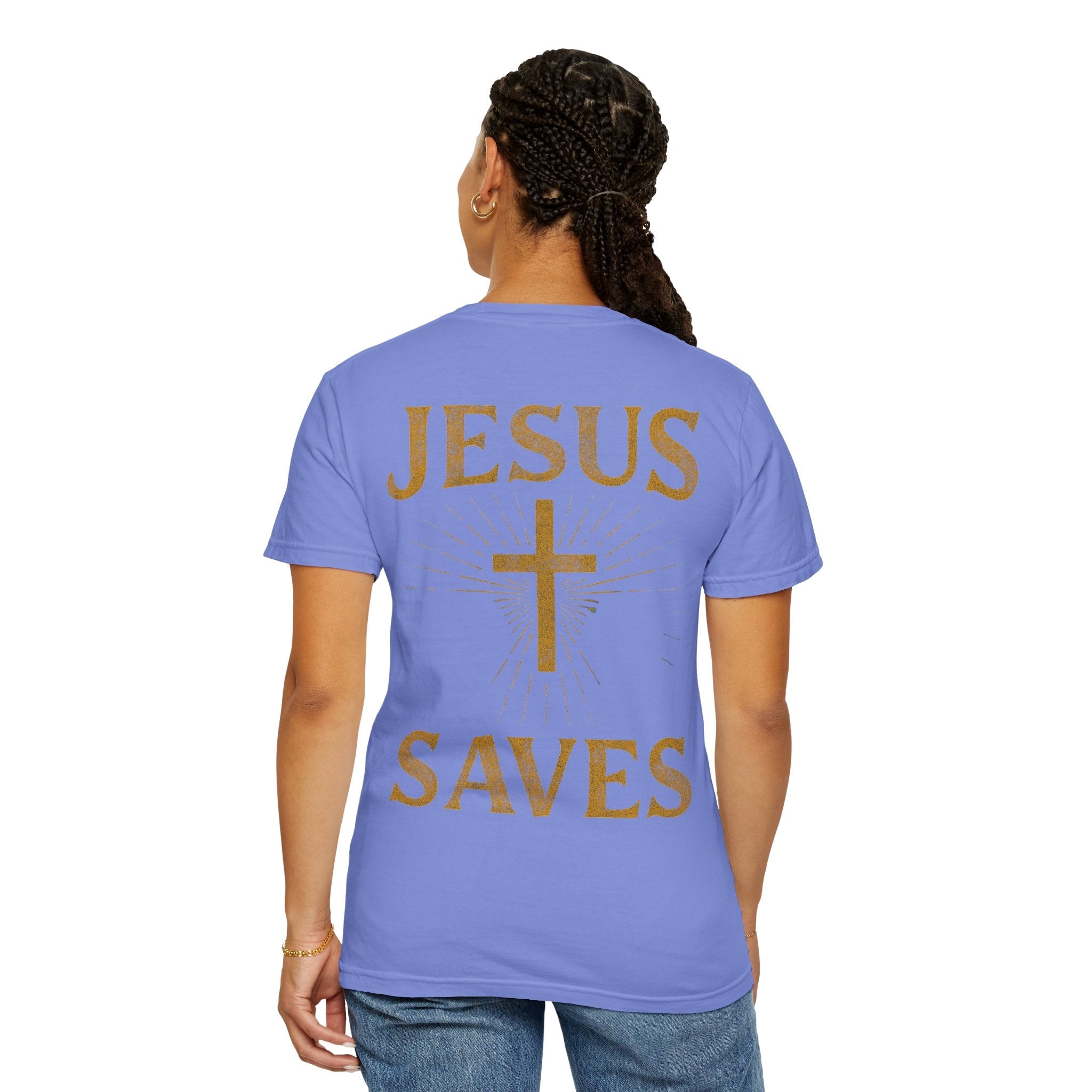 Jesus Saves T-shirt – Radiant Cross & Rays of Light Christian T-shirt for Eternal Hope & Faith Printify