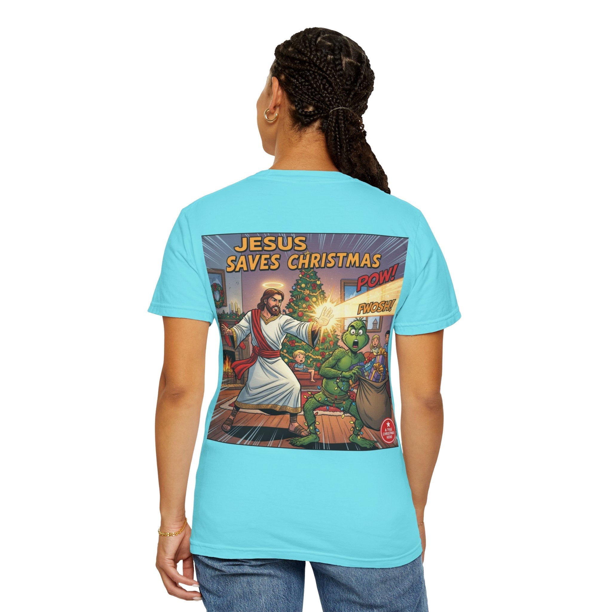 Jesus Saves Christmas T-shirt – Grinch vs Savior Light Battle Christian T-shirt for Hilarious Holiday Faith & True Joy Printify