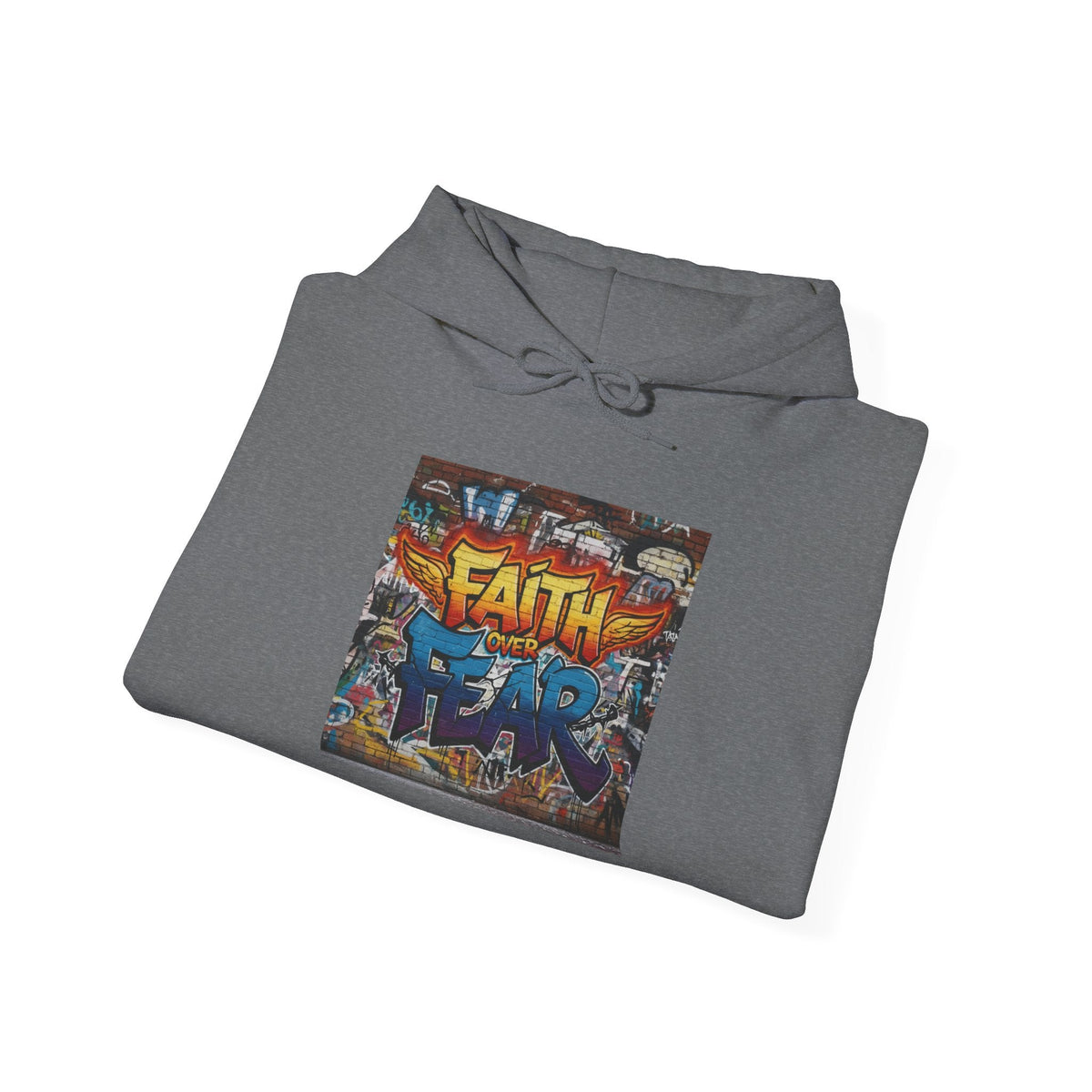 Faith Over Fear Hoodie – Graffiti Wall Christian Sweatshirt for Bold 2 Corinthians 5:7 Streetwear & Unshakable Faith Printify