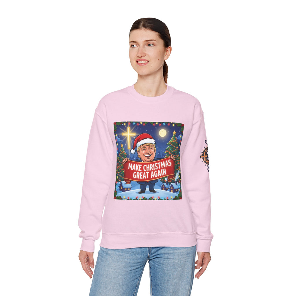🎄 Make Christmas Great Again – Patriotic Christian Christmas Sweatshirt | Bold Holiday Faith Tee | Red & White Banner Design | Uplifted Gear Printify