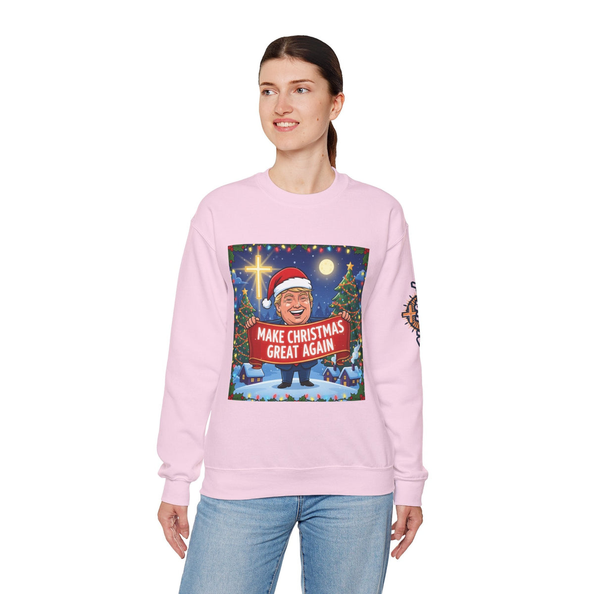 🎄 Make Christmas Great Again – Patriotic Christian Christmas Sweatshirt | Bold Holiday Faith Tee | Red & White Banner Design | Uplifted Gear Printify