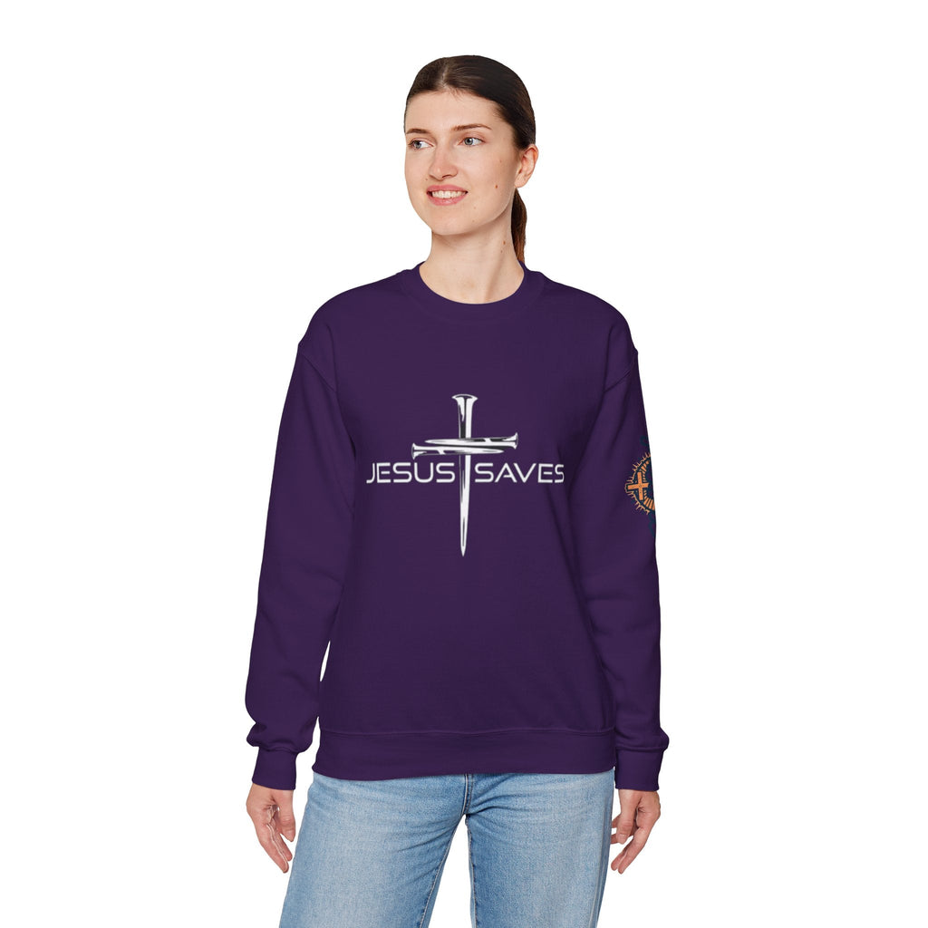 Jesus Saves Sweatshirt – 3 Nails Crucifix Cross Christian Sweatshirt for Redemption Faith & Bold Salvation Printify