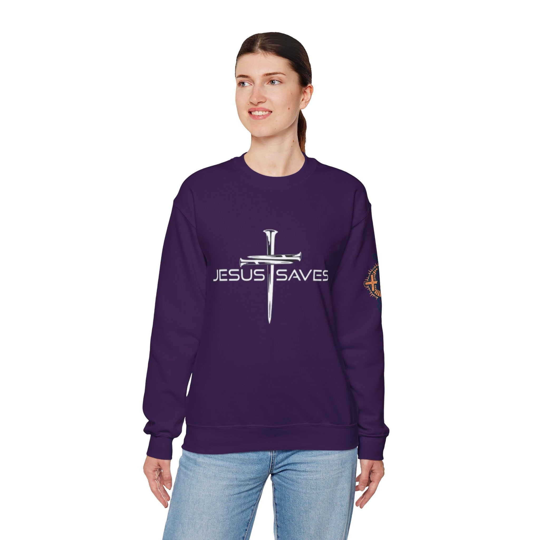 Jesus Saves Sweatshirt – 3 Nails Crucifix Cross Christian Sweatshirt for Redemption Faith & Bold Salvation Printify