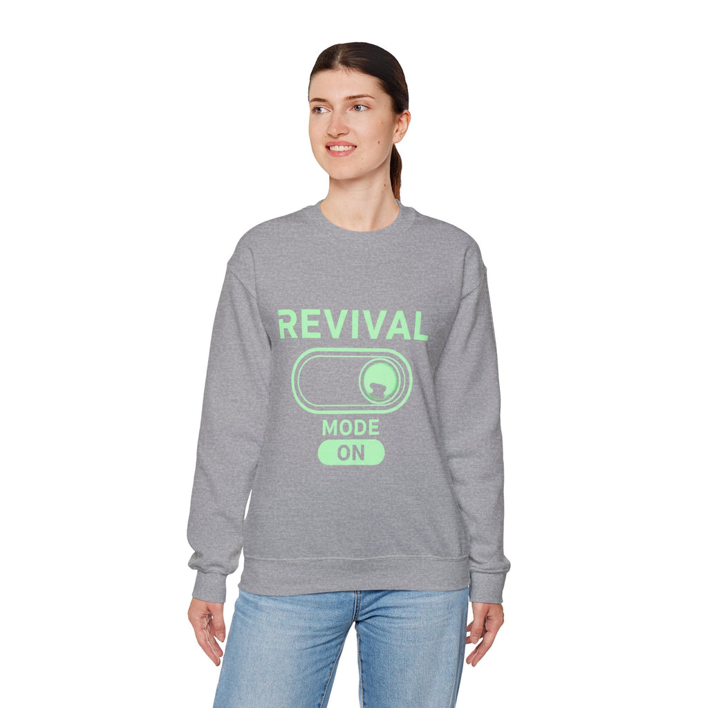 🔥 Revival Mode: ON – Christian Techwear Sweatshirt | Glowing Green Faith Switch | Futuristic Jesus Shirt | Activate Your Spiritual Awakening | Uplifted Gear Printify