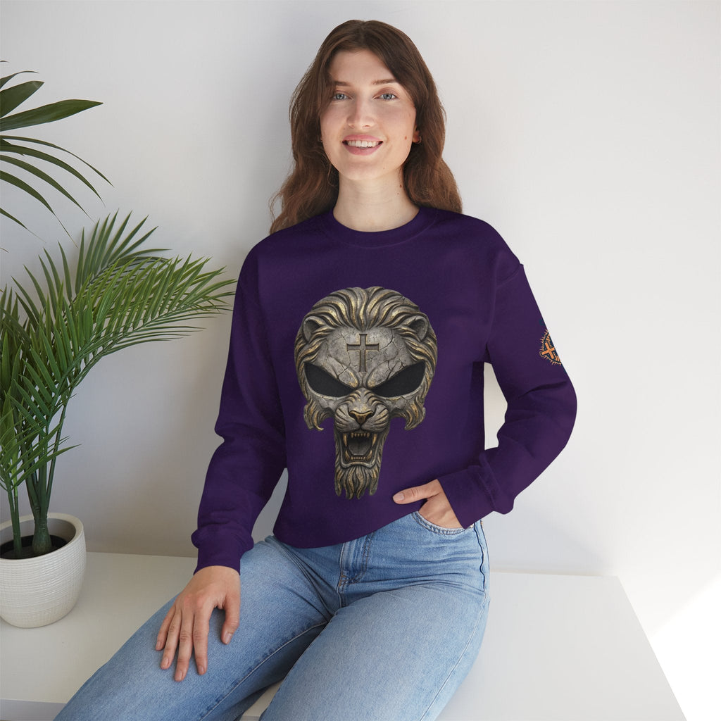 Lion of Judah Skull Christian Sweatshirt - Warrior Faith Cross Sweatshirt Printify