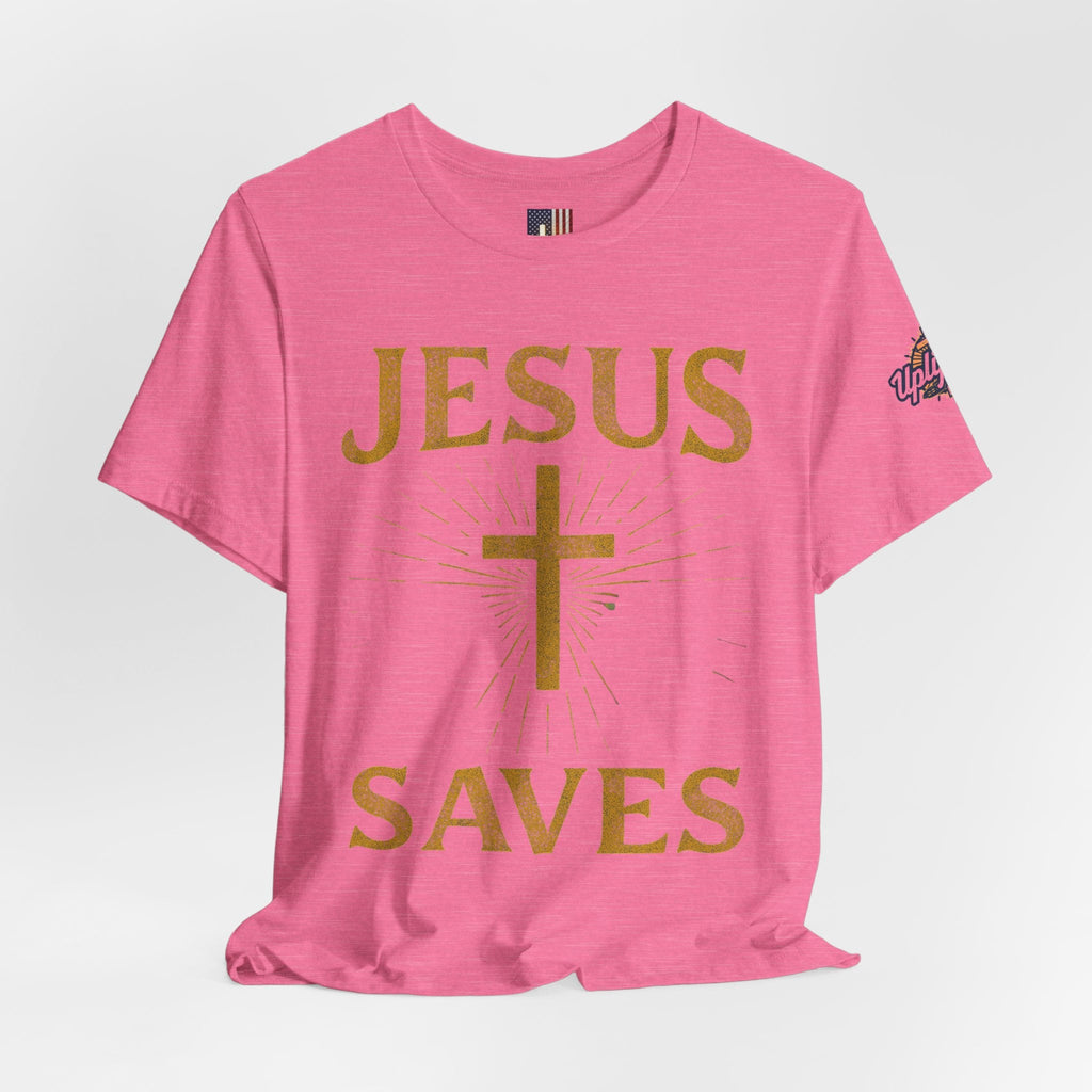 Jesus Saves T-shirt – Radiant Cross & Rays of Light Christian T-shirt for Eternal Hope & Faith Printify