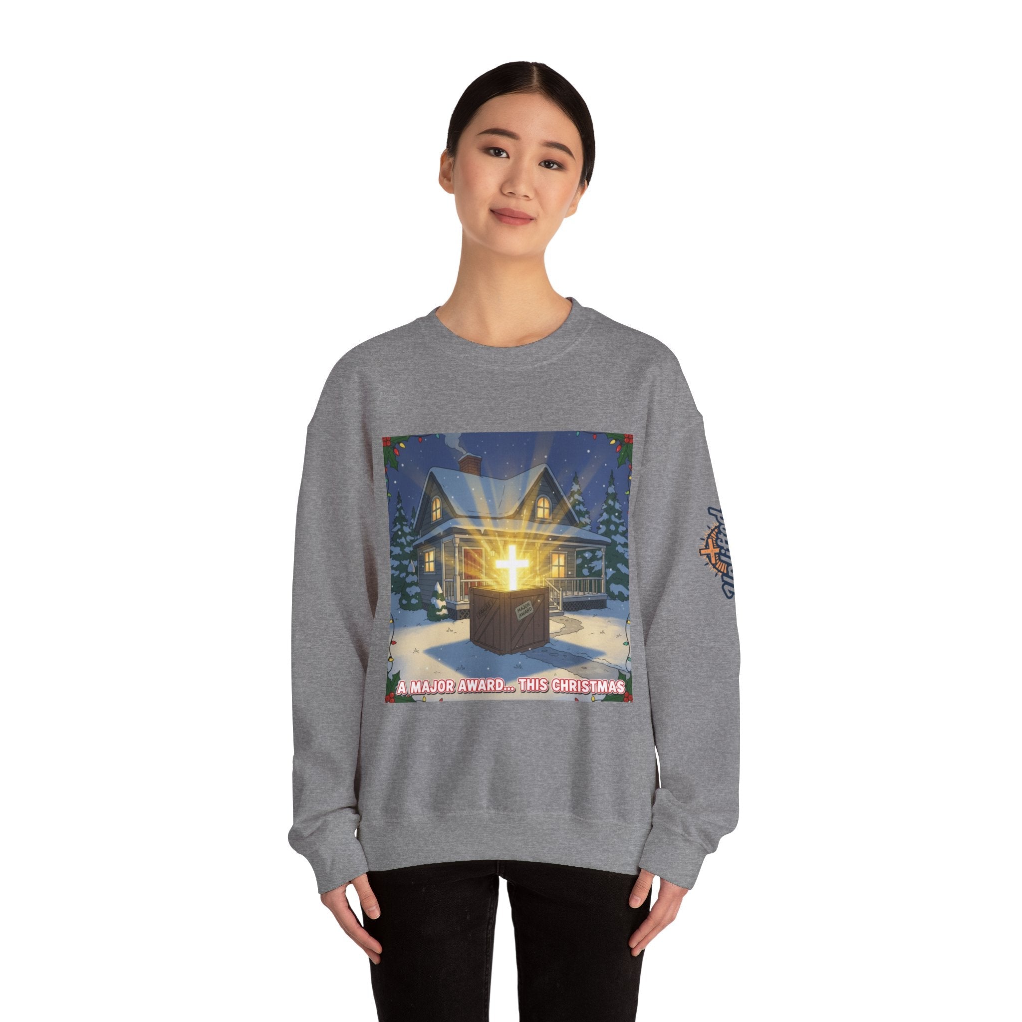 A Major Award This Christmas Sweatshirt – Fragile Leg Lamp Parody Cross Unboxing Christian Sweatshirt for Hilarious Faith & Holiday Glow Printify