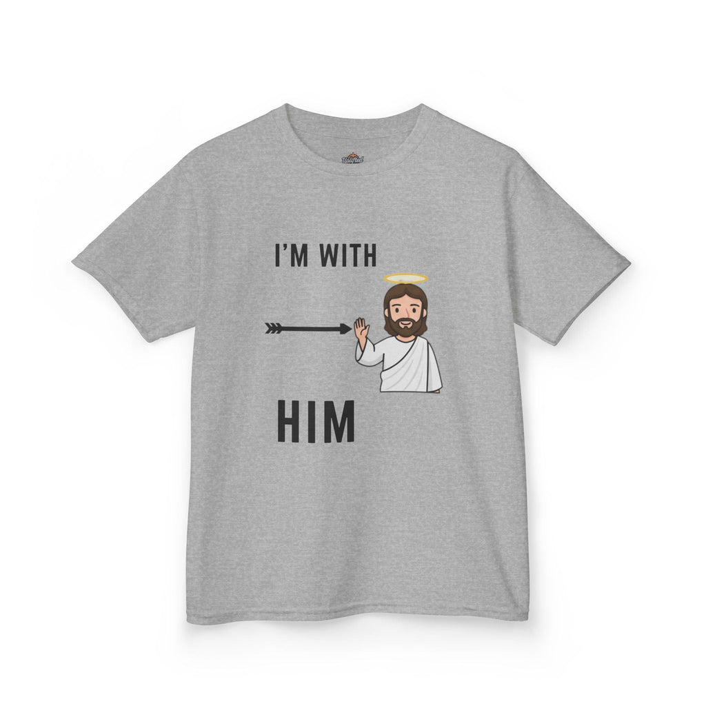 🔥 I’m With Him → Christian Kids T-Shirt | Arrow Pointing to Jesus | Minimalist Faith Tee | Subtle Cross Design | Bible-Inspired Apparel by Uplifted Gear Printify