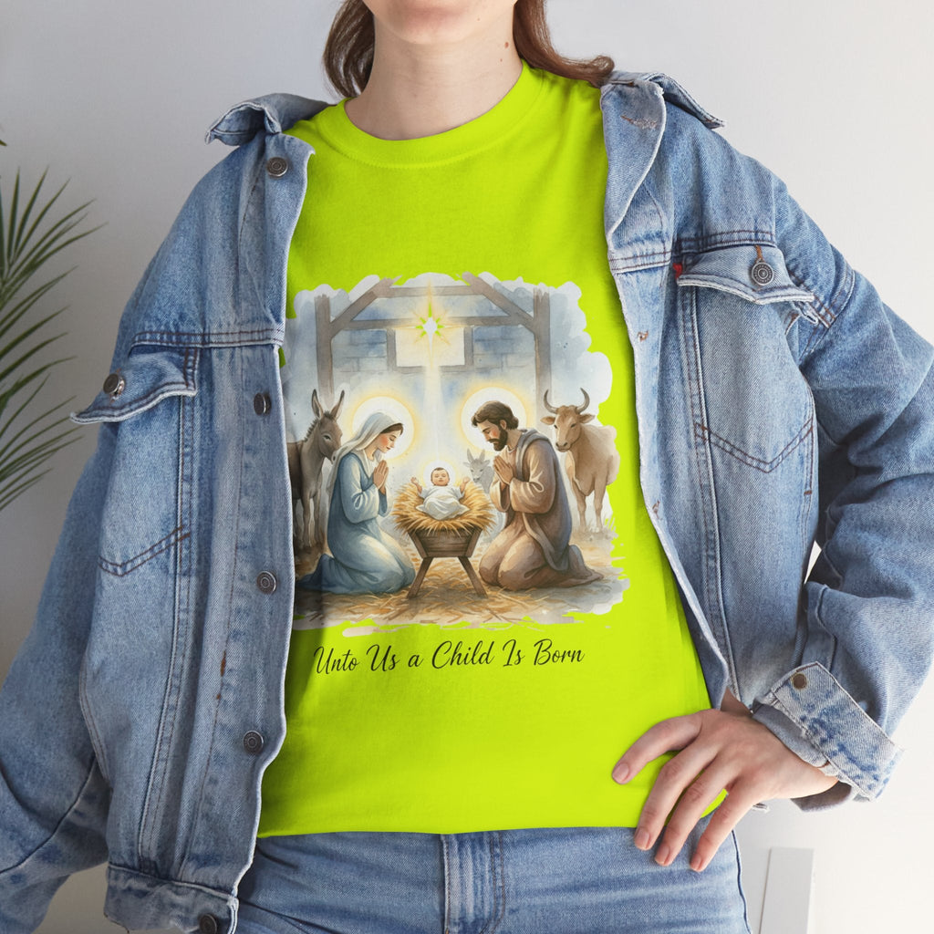 Unto Us a Child is Born T-shirt – Isaiah 9:6 Nativity Manger Scene Christian Christmas T-shirt for Holy Night Faith Printify