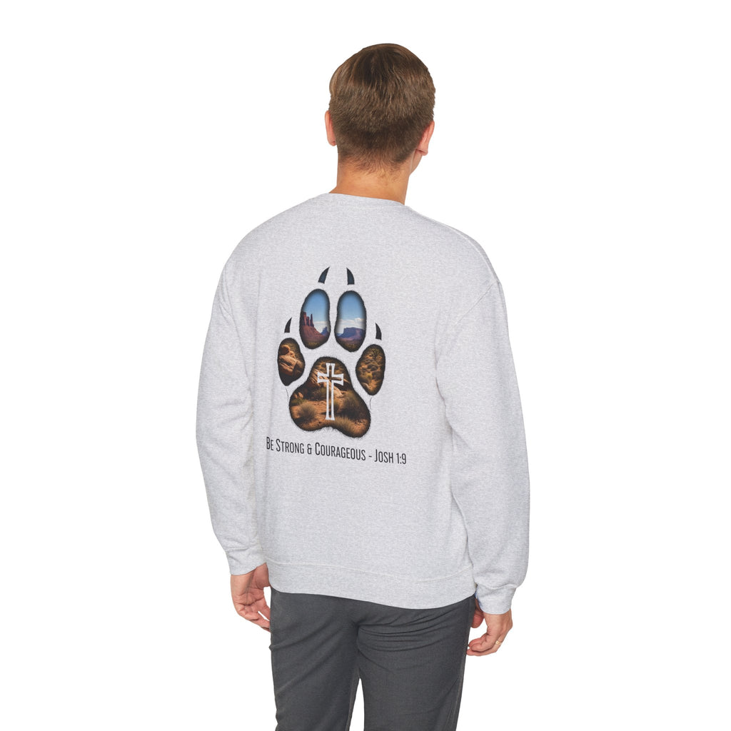 Strong and Courageous Sweatshirt – Joshua 1:9 Canine Pawprint Desert Christian Sweatshirt for Dog Lovers Printify