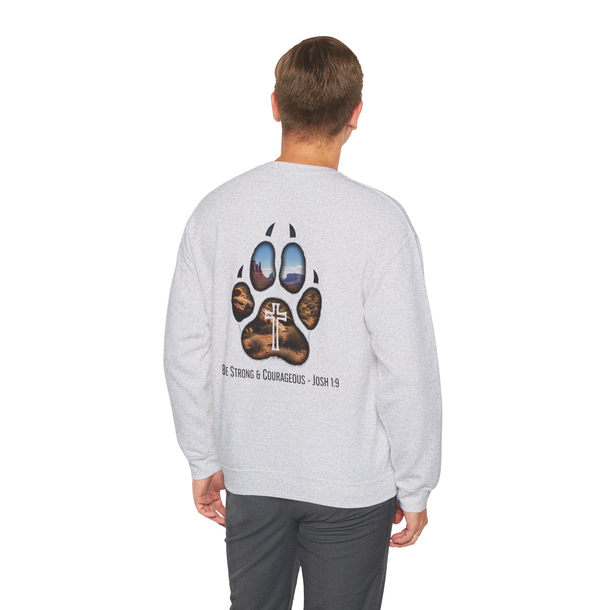 Strong and Courageous Sweatshirt – Joshua 1:9 Canine Pawprint Desert Christian Sweatshirt for Dog Lovers Printify